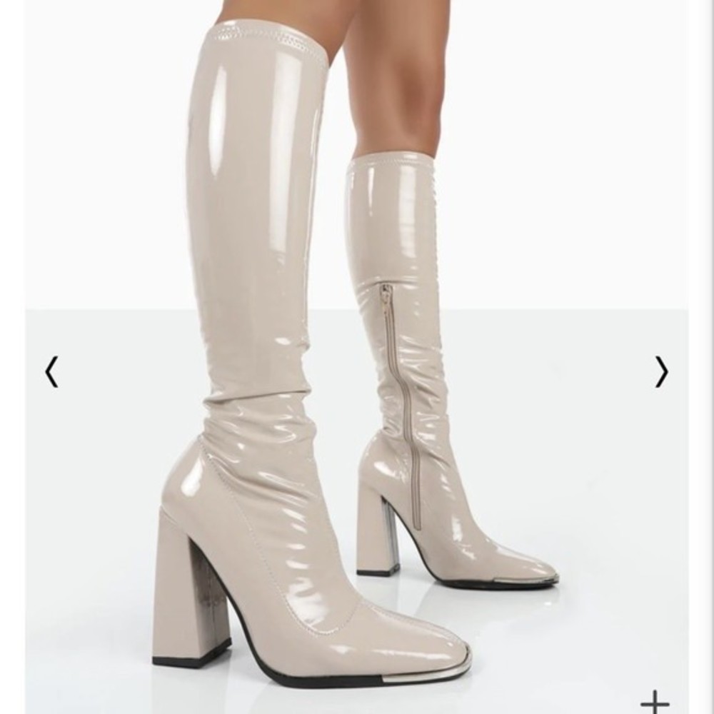 Public Desire - “Caryn” Nude PU Knee High Heeled GOGO Boots